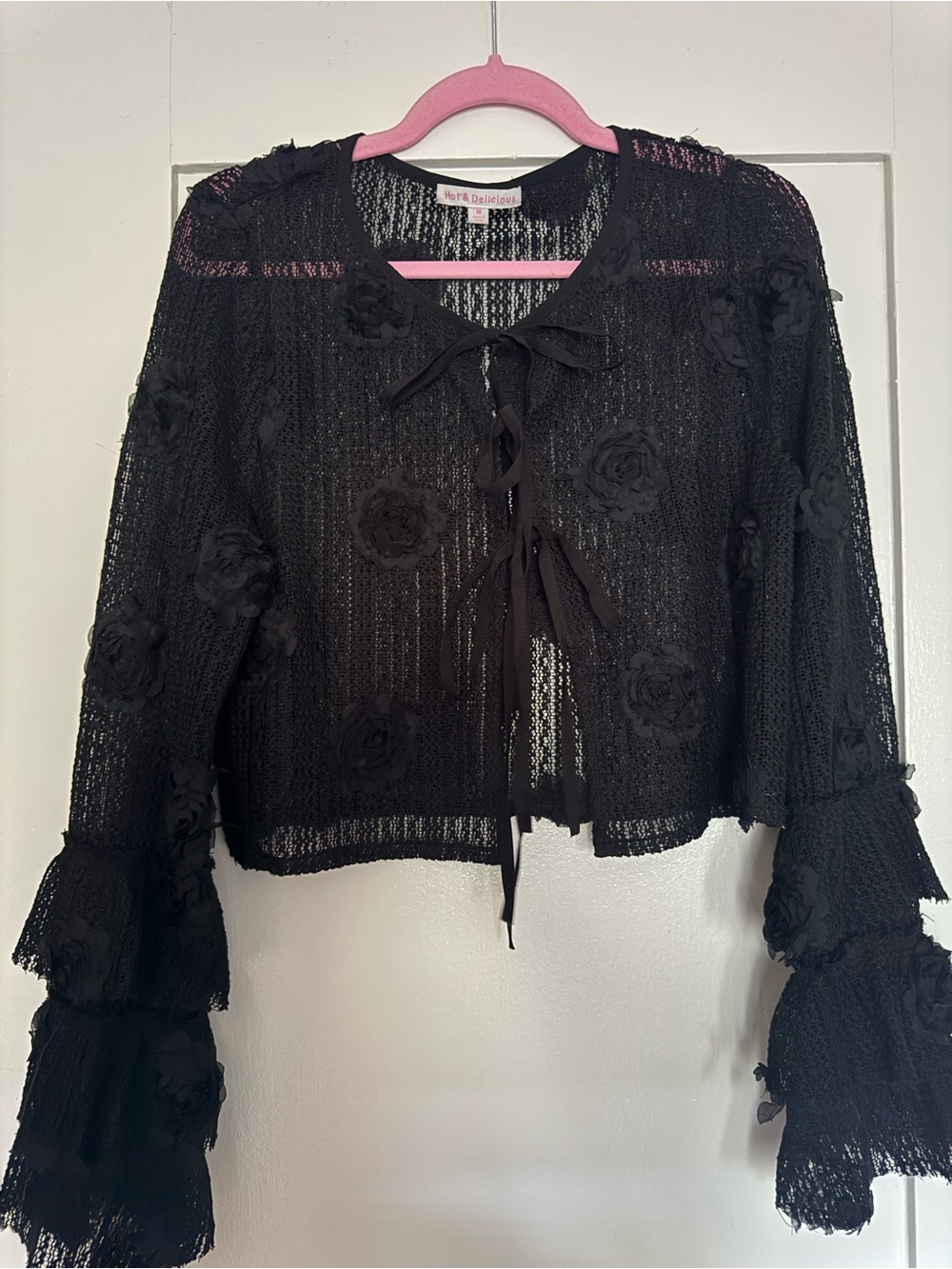 Black Crochet Floral Tie-Front Women's Top